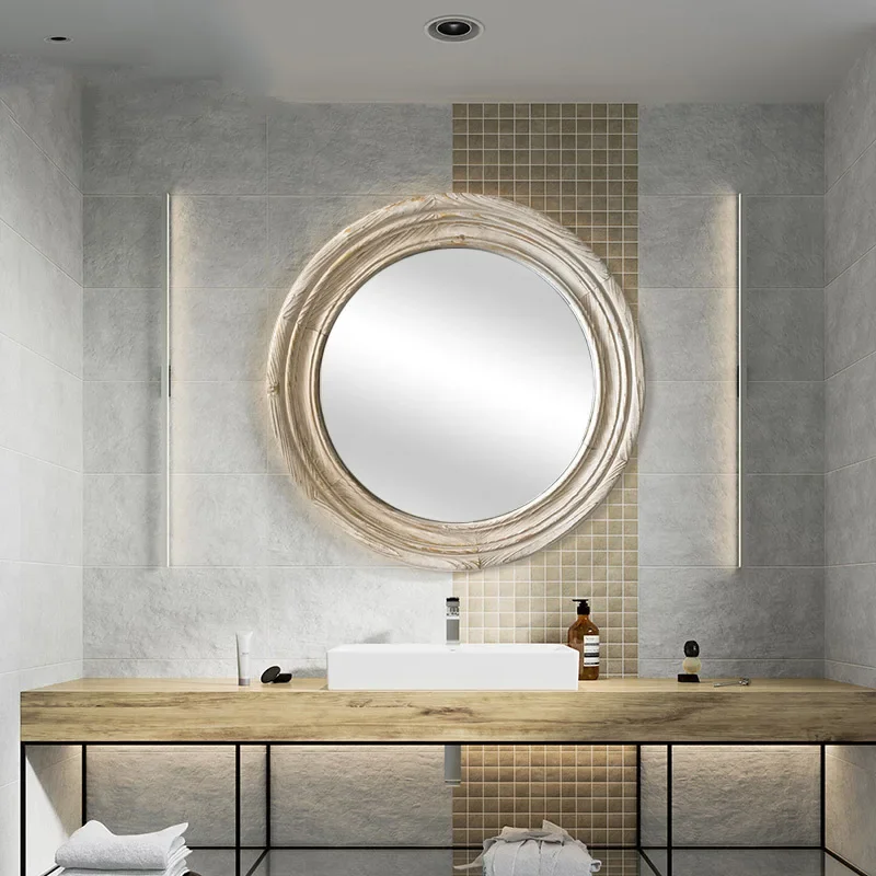 American solid wood old round mirror porch wall hanging fitting bathroom mirror living room retro decoration