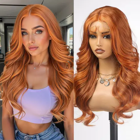 HAIRCUBE-peluca con malla frontal sintética larga para mujer, pelo de bebé, cuerpo ondulado, color naranja, jengibre, fiesta, Cosplay, resistente al calor