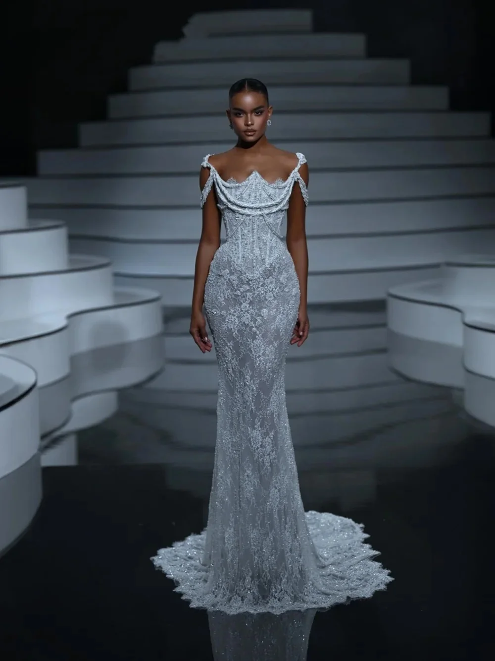 Stilvolle Applikationen Brautkleider Perlen Meerjungfrau Brautkleider Boot Illusion Ärmellos Prinzessin Maßgeschneiderte Vestidos De Novia