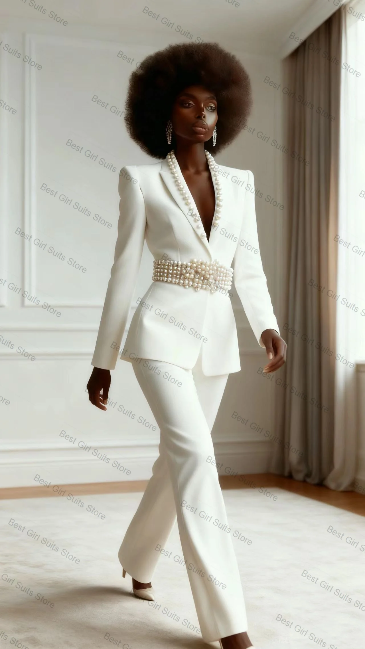 

Pearls White Women Suit Set 2 Piece Blazer+Pants Trousers Belted Formal Office Lady Jacket Customized Prom Wedding Guest Coat