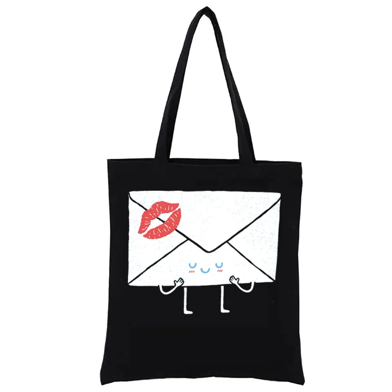 

Sealed With a Kiss Printd Anime Shopping Bags Totebag Canvas Shoulder Bag S Casual Totes Female Handbags Funny Fashion Shopper