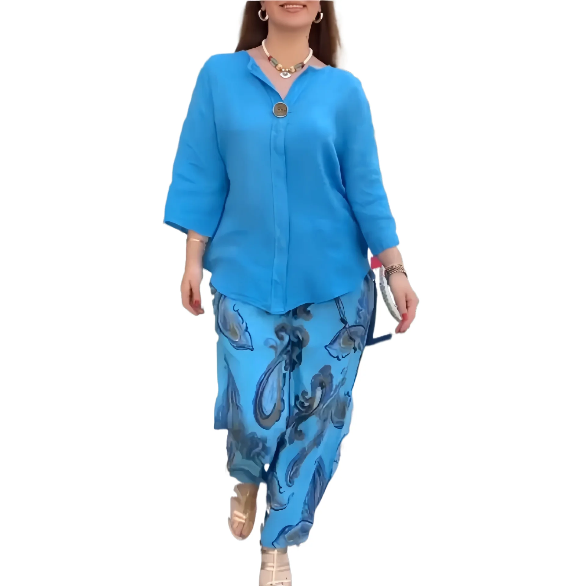 

Модный женский повседневный комплект для поездок на работу, хлопково-льняной комплект на пуговицах с длинными рукавами, свободный комплект из 2 предметов, винтажный прямой брючный костюм с принтом