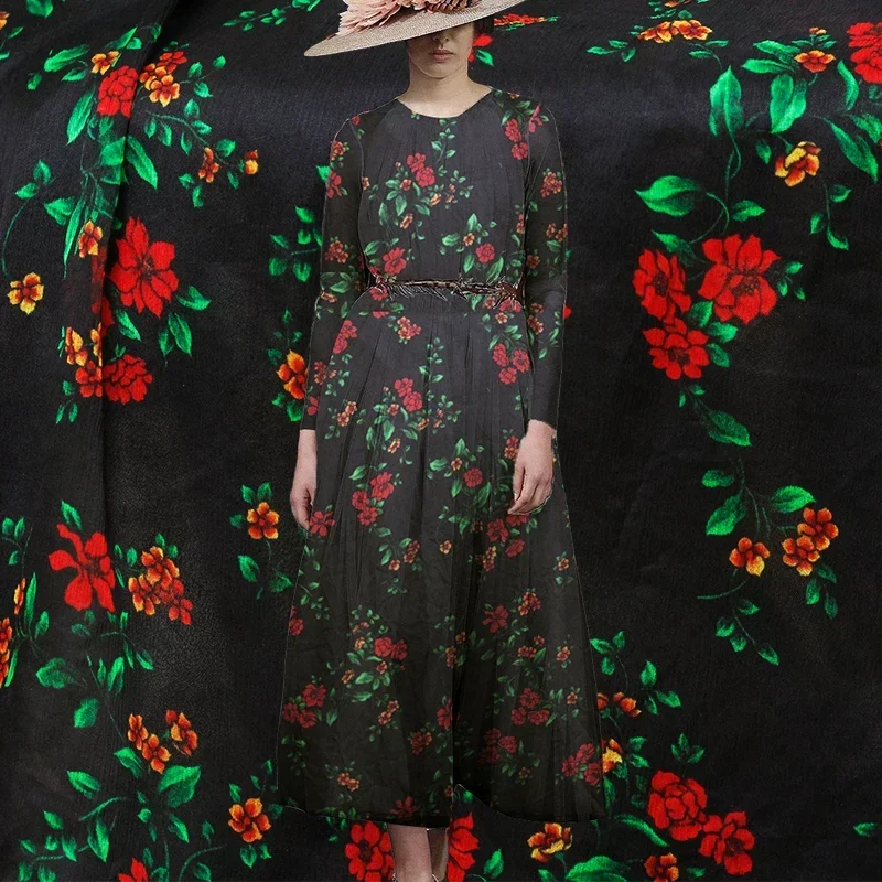 

Redraspberry Red Rose Printed Silk Crinkle Chiffon 100%Silk Materials Summer Women Dress Sewing Cloth Tailor Freeshipping