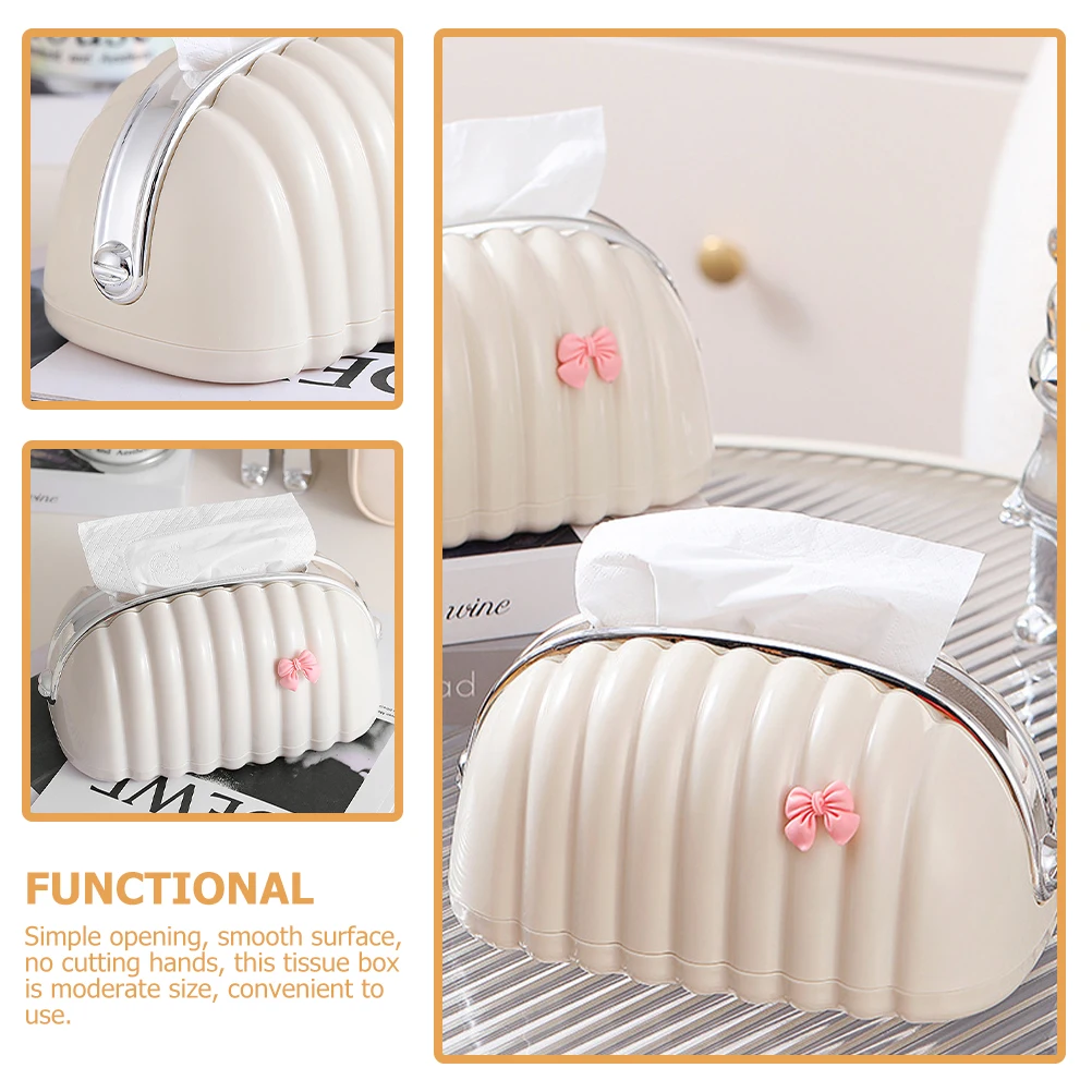 

Tissue Storage Box Napkin Container Shell Shape Holder Cream White Cute Bow Design Large Capacity Smooth Surface Bathroom