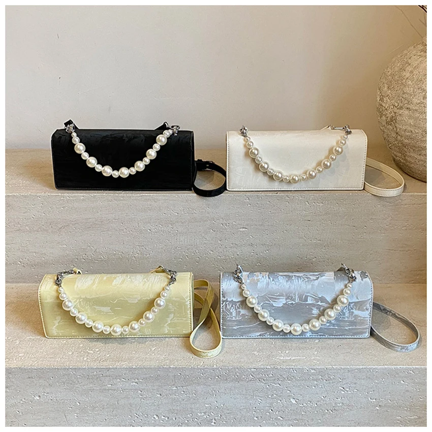 

Leather Textured Cross Body Bag Women Solid Color Pearl Chain Handbag French Fashion Elegant Female Rectangle Bags