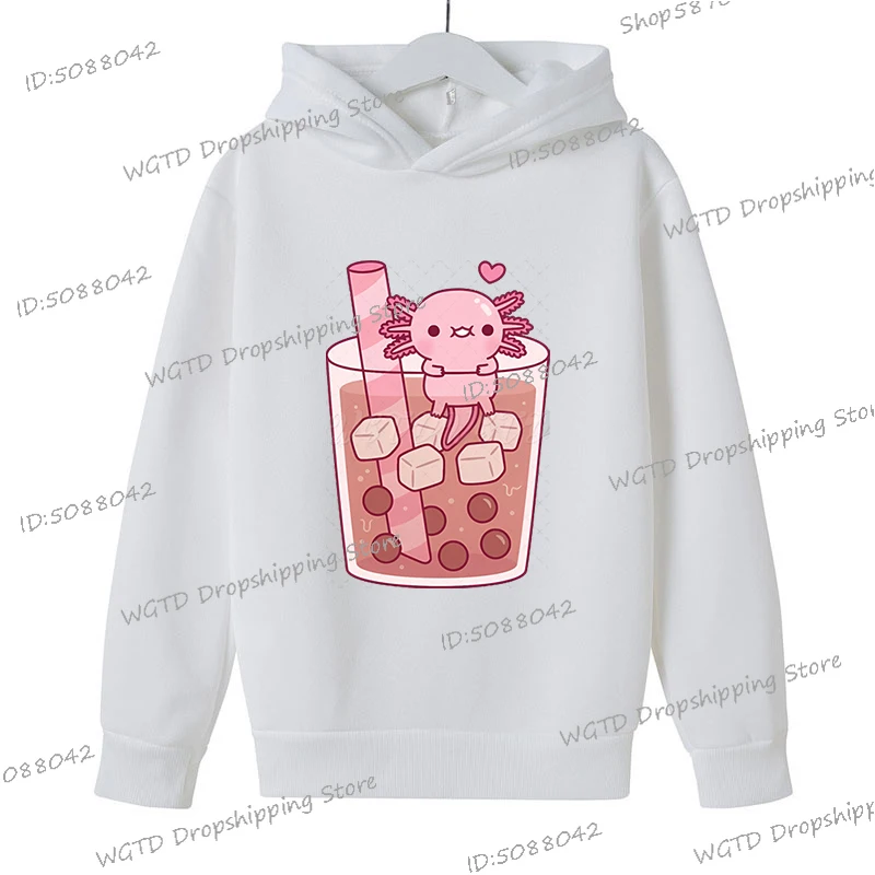 Axolotl Graphics Hoodies Kids Cartoon Hooded Cuteaxolotl Hanging Around In Bubble Tea Print Hoody Boy Girl Funny Axolotl Hoodie