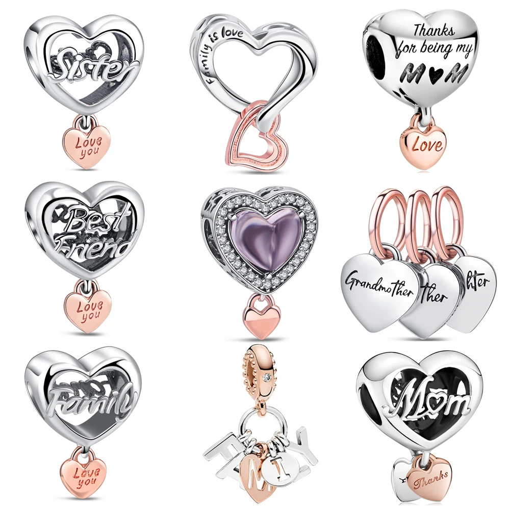 

New 925 Sterling silver Openwork Round MOM Bead Heart Charm Shiny Fit Pantaro Original Bracelets Fashion DIY Woman Jewelry