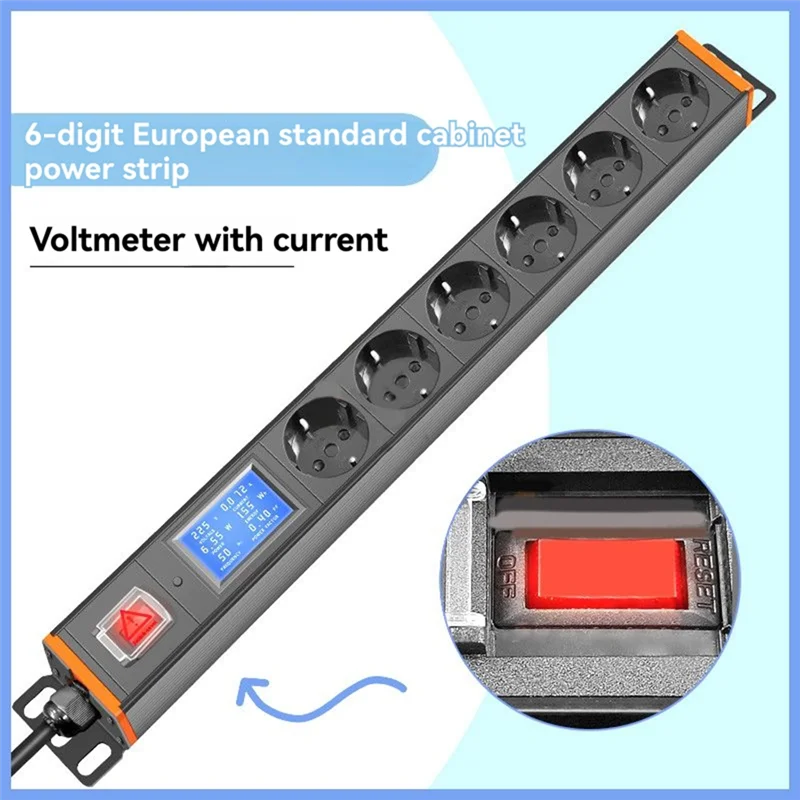 

ABGI-European Standard Rack Mount Power Strip 6 Outlets With Digital Voltage Display Socket For Network Cabinets EU Plug