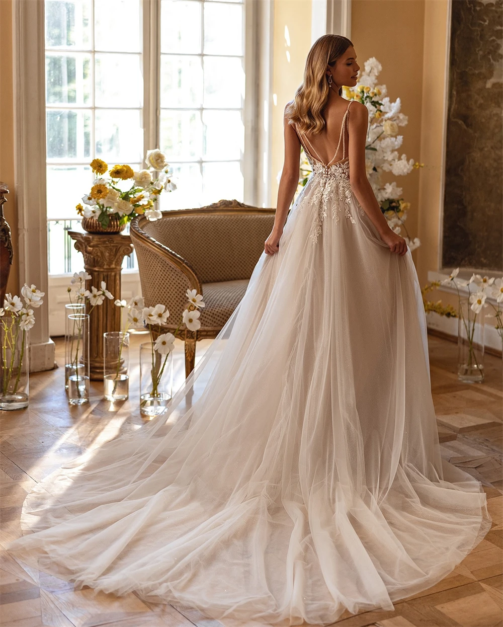 

Customized Elegant White Organza Wedding Dress Formal Sweetheart Sleeveless Bridal Gown Boho A-Line Court Train Vestido De Novia