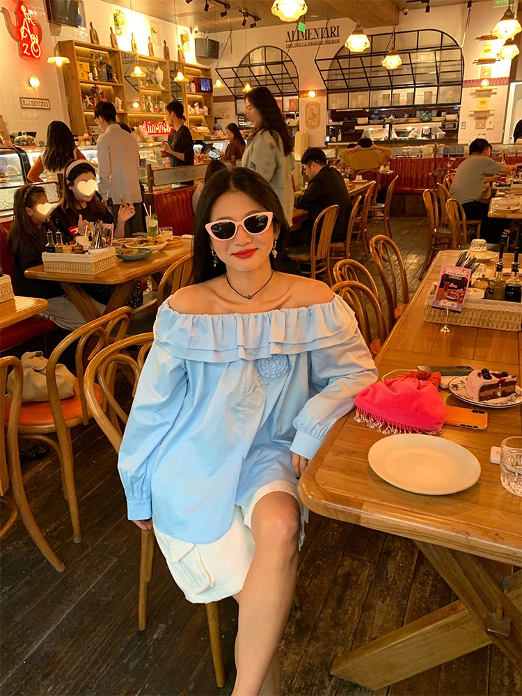 เสื้อคลุมผู้หญิงทรงหลวม แขนยาว ผ้าฝ้ายแท้ สไตล์ลำลอง ประดับลูกไม้สีน้ำเงิน รุ่นใหม่ ฤดูใบไม้ผลิ 2025
