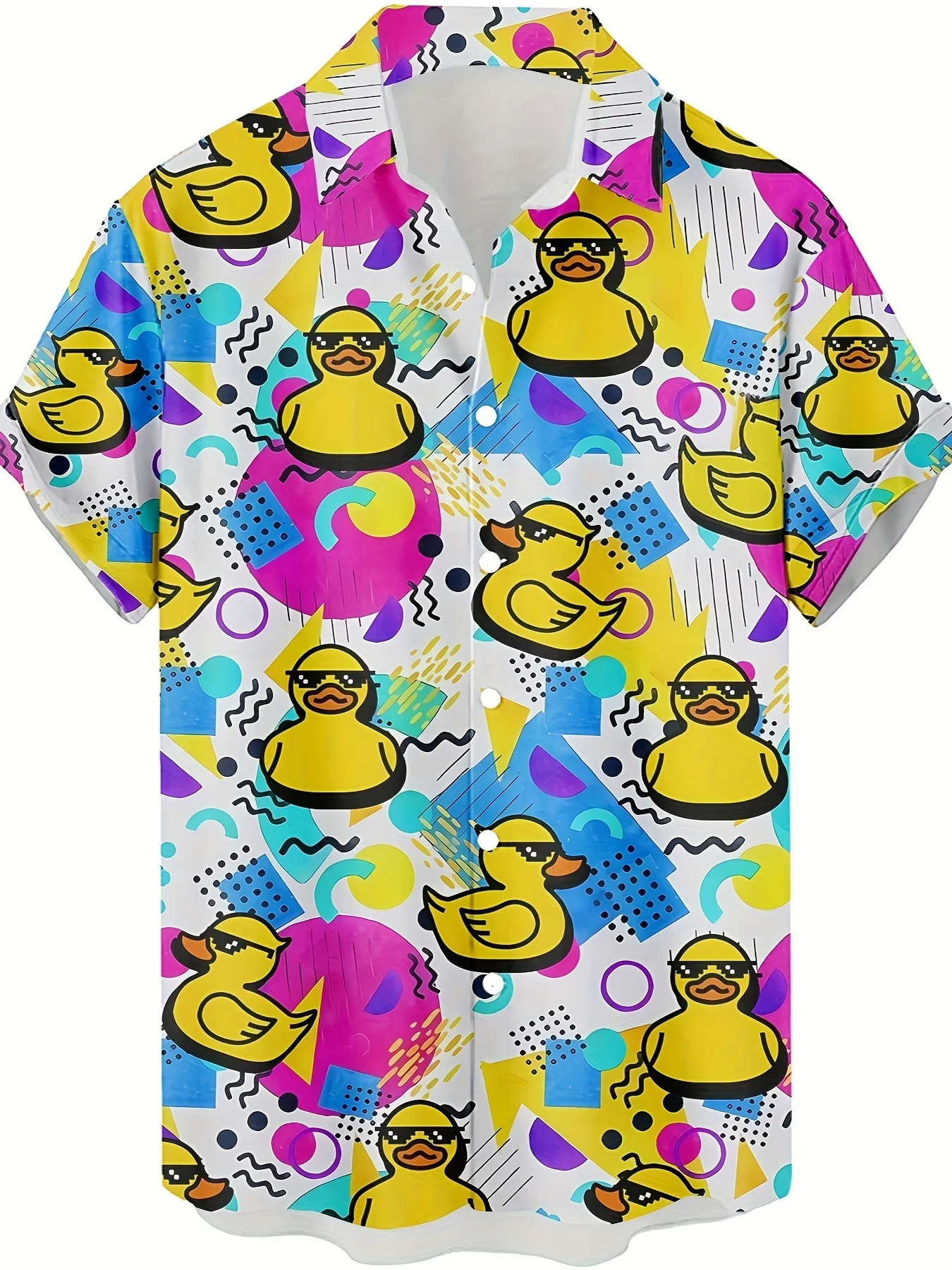 Men's Fashion Hawaiian Style Shirt, Retro Cartoon Ducks Pattern Allover Print Short Sleeve Button Up Lapel Shirts For Vacation