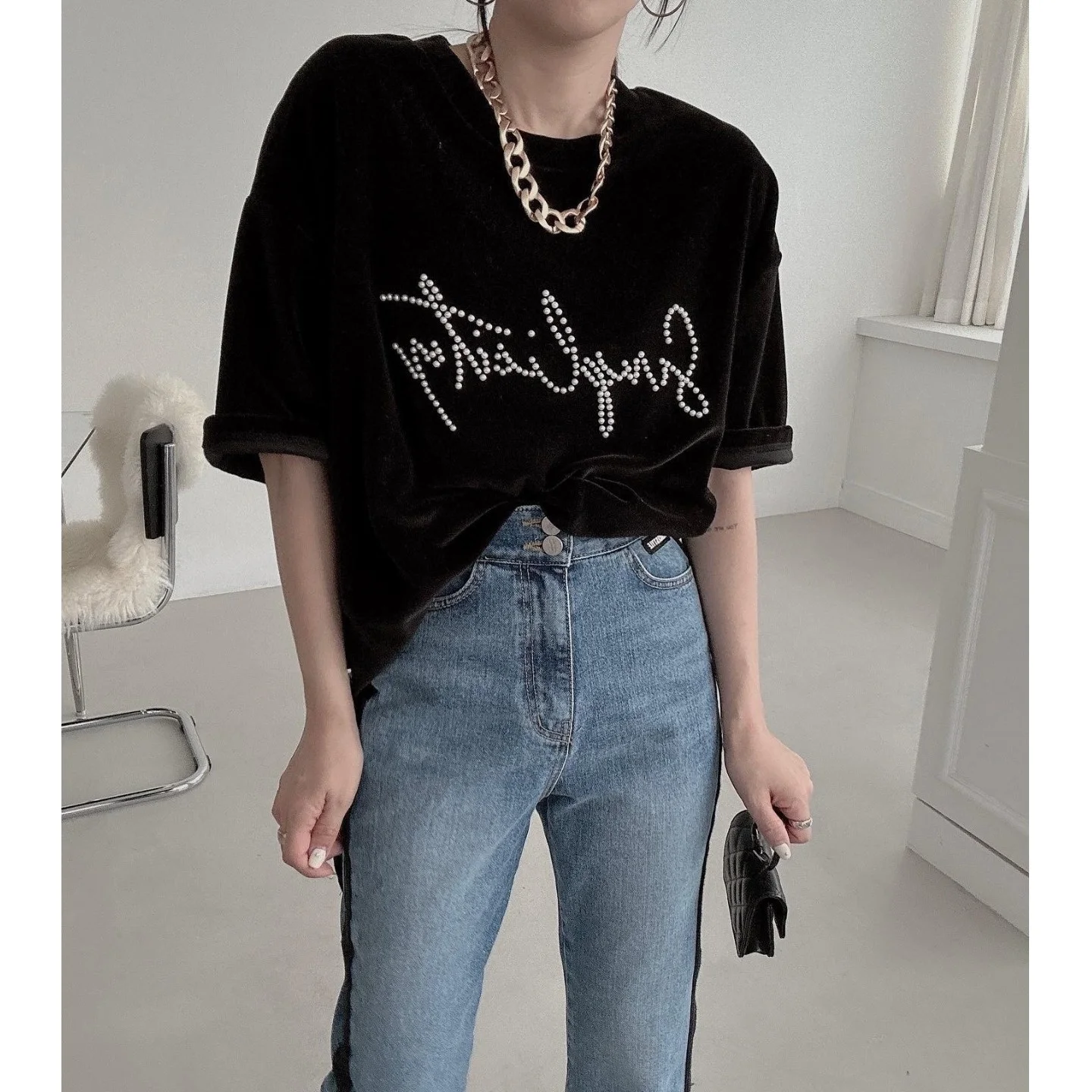 Faionable versátil Color puro con cuentas camiseta coreana Sle suéter de mujer primavera Otoño Invierno ropa interior Casual