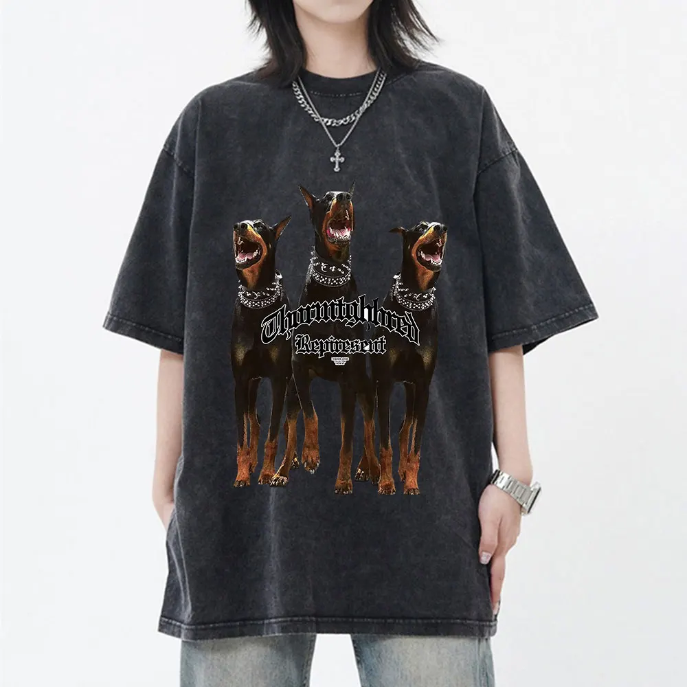 Maglietta lavata da uomo maglietta oversize Streetwear Hip Hop Doberman Dog Graphic T-Shirt Vintage in cotone invecchiato a maniche corte