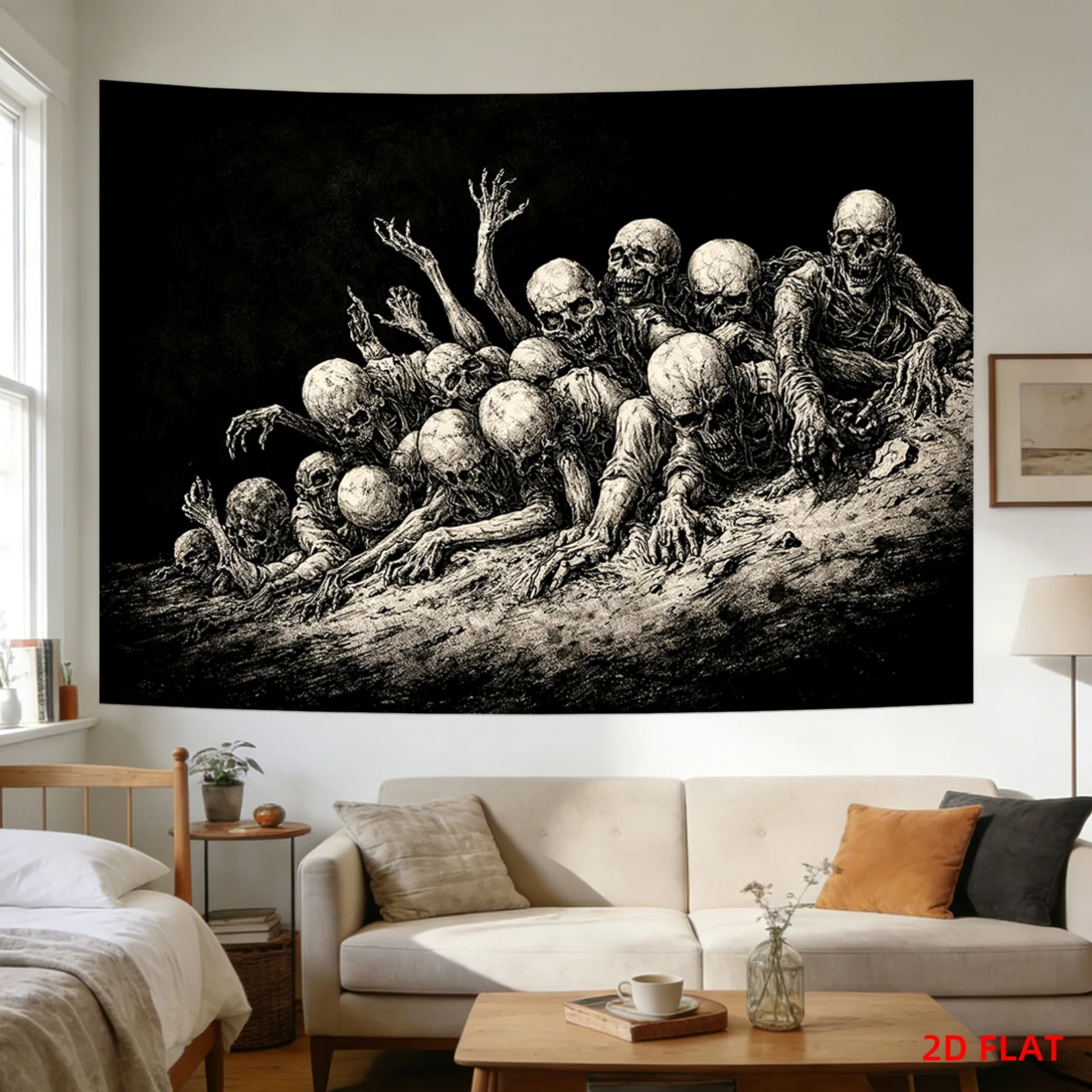 Zombie Apocalypse Tapestry, Horror Skeleton & Undead Army Art, Dark Gothic Wall Hanging, Spooky Halloween Decor, Black White