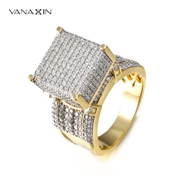 VANAXIN High Quality Men Rings Wide Square 3D Punk Zircon Jewelry Paved CZ Shiny Gift For Male