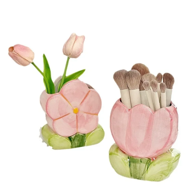 Flower Pen Holder Ceramic Desktop Decoration Cute Girl Desk Office Storage Box Stationery Shelf Storage Tank