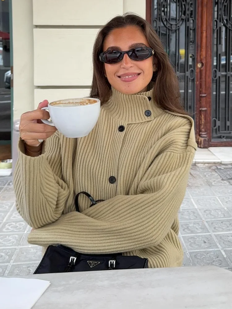 Cárdigan de punto para mujer, cárdigans femeninos Solif de manga larga con cuello levantado y una hilera de botones, prendas de vestir elegantes a la moda de otoño 2025