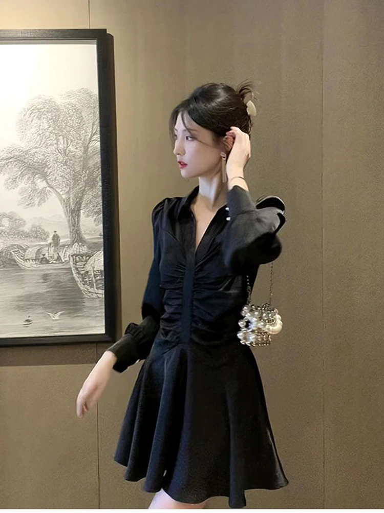 Minivestido elegante francés para mujer, Vestidos ajustados de manga larga con pliegues y cuello en V, moda estética lisa, Vestidos de oficina para mujer