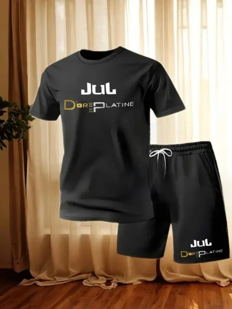 

Summer New Print Men'S Sports Casual Outing Short Sleeve Shorts 2pcs Set, Perfect for Outdoor