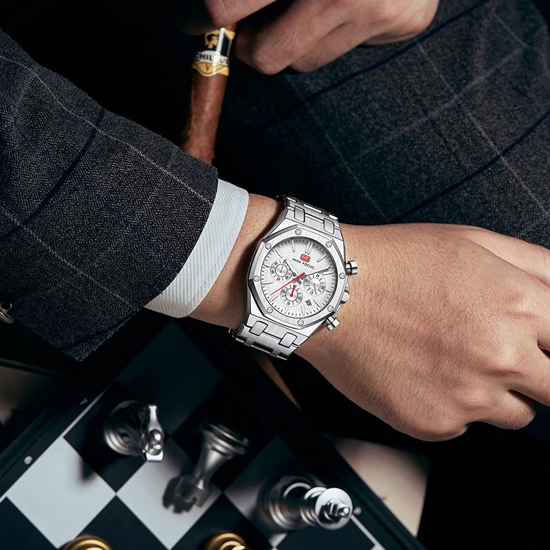 MINI FOCUS 0609 แฟชั่นนาฬิกาควอตซ์สําหรับชาย Multi-Function Luminous ปฏิทิน Chronograph กันน้ํา Casual นาฬิกาข้อมือผู้ชาย