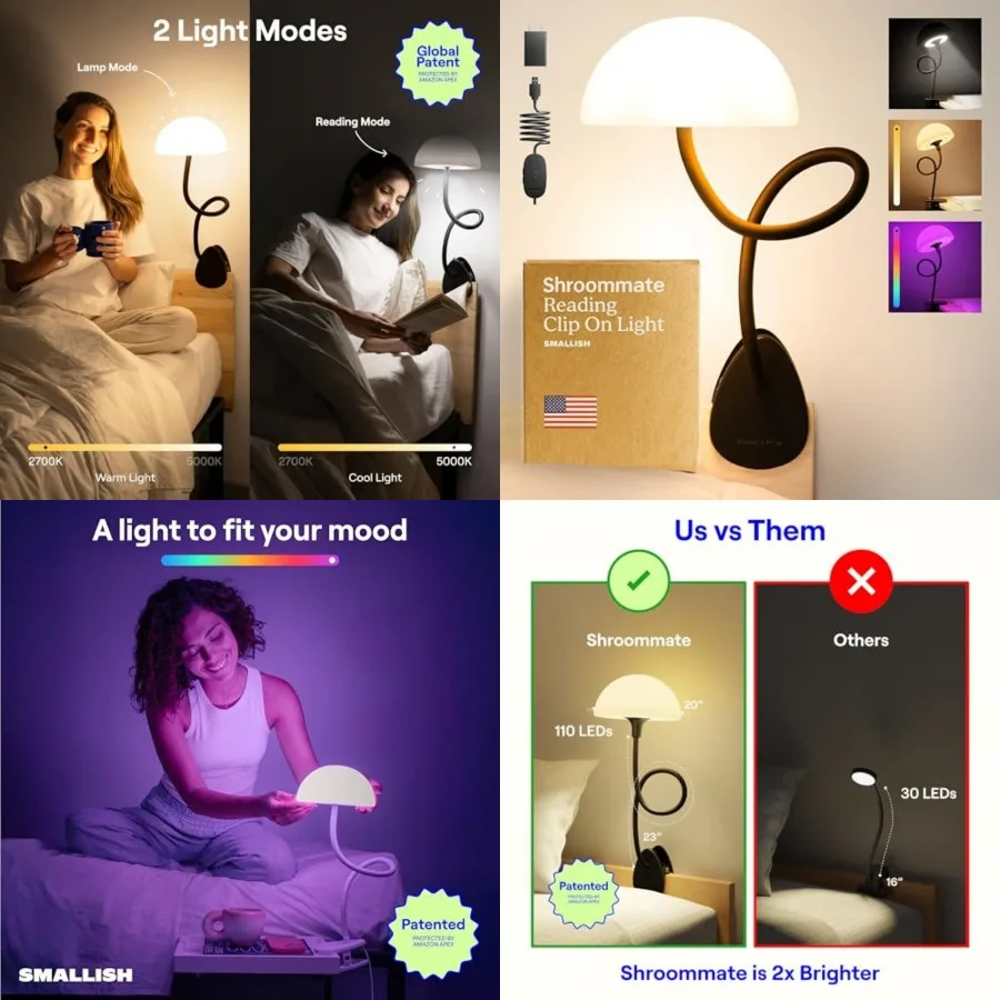

Shroommate Clip On Light and Bed Headboard Lamp, Bedside Table Lamp for Dorm, College Dorm Room Essentials, Night Light for Nur