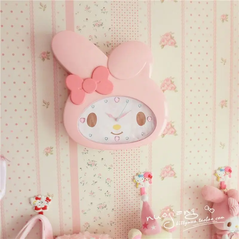 

Kawaii Sanrio Hello Kitty Melody Creativity Child Get Up Cute Cartoon Wall Clock Living Room Bedroom Mute Anime Figure Houseware