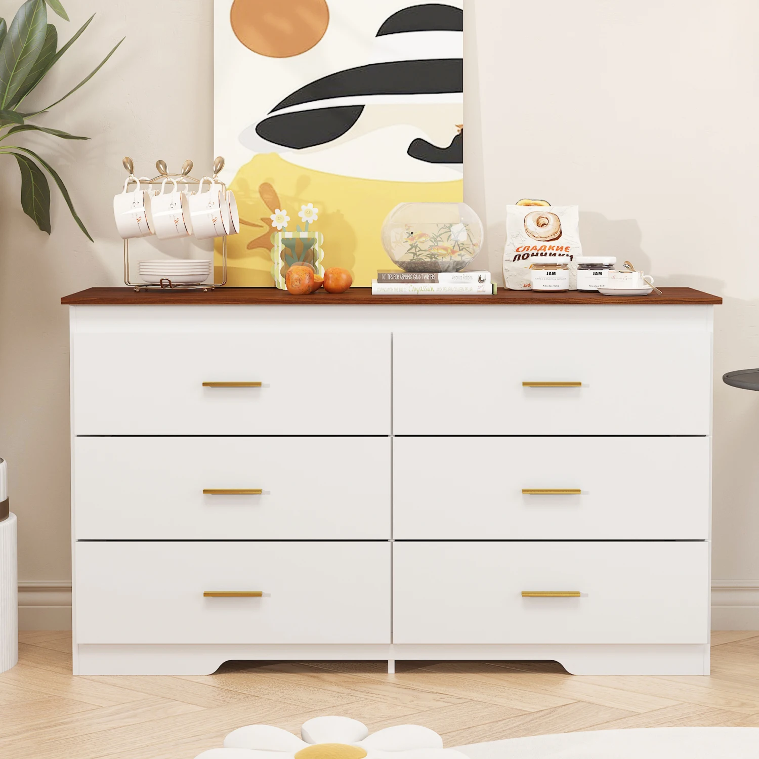 

Drawer Dresser Cabinet with Bar Cabinet, Buffet Sideboard Storage Cabinet, Buffet Server Console Table in White/Brown Color with