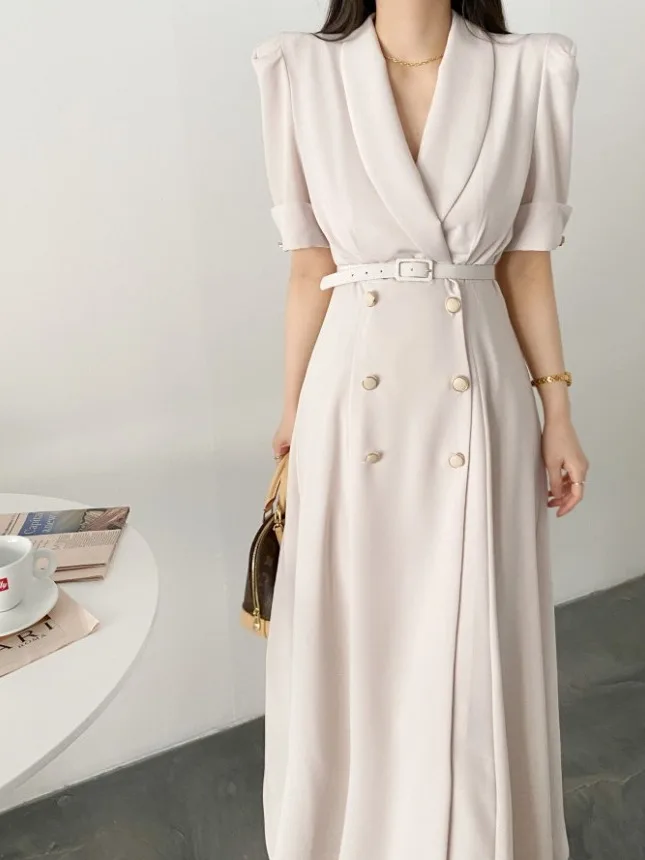 Vestido longo estilo terno de verão chique com botões duplos na cintura, cinto incluído, e e chique para trabalho, peç...