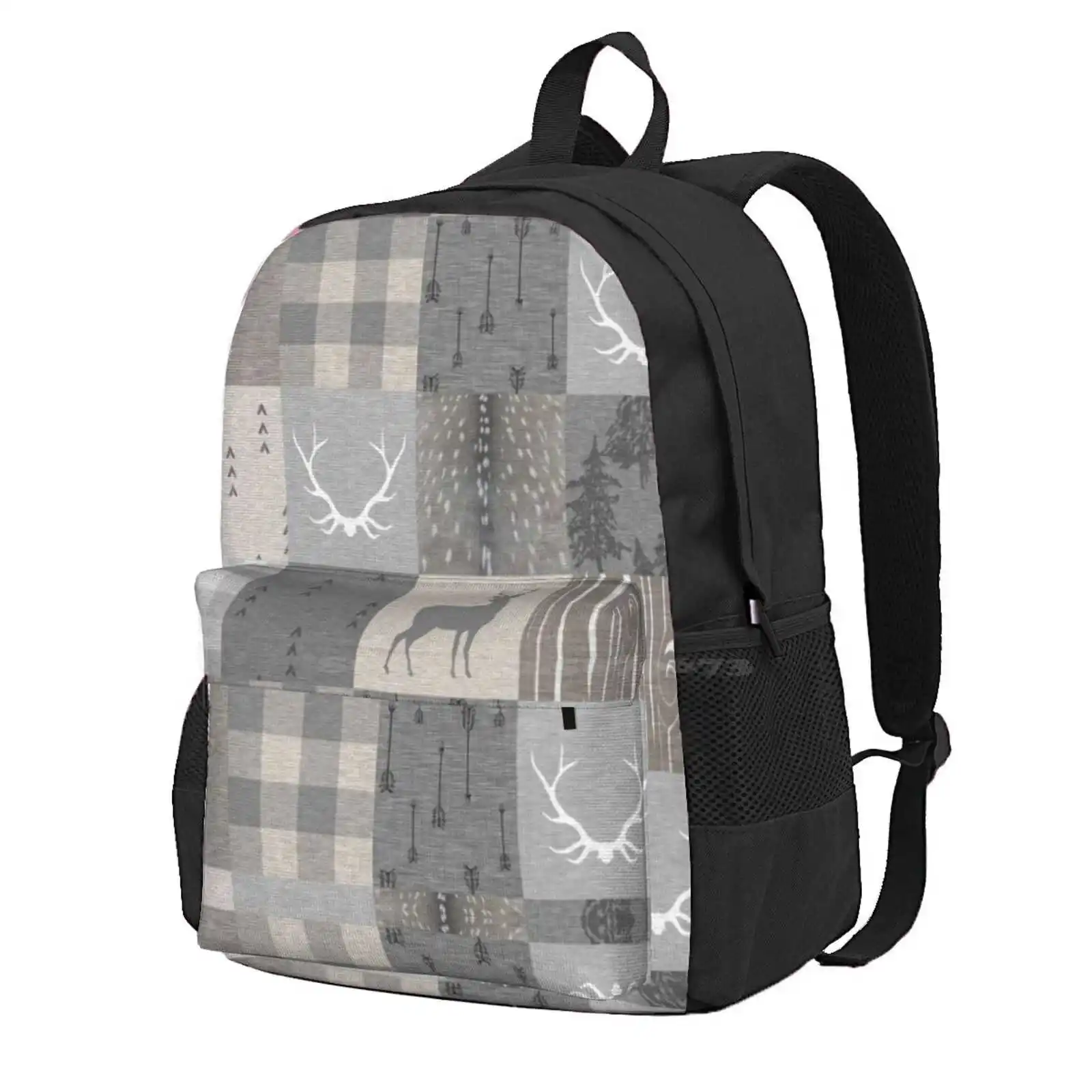 

Rustic Woodland Patchwork - Grey And Beige Hot Sale Schoolbag Backpack Fashion Bags Rustic Woodland Grey Beige Deer Buck Hunter