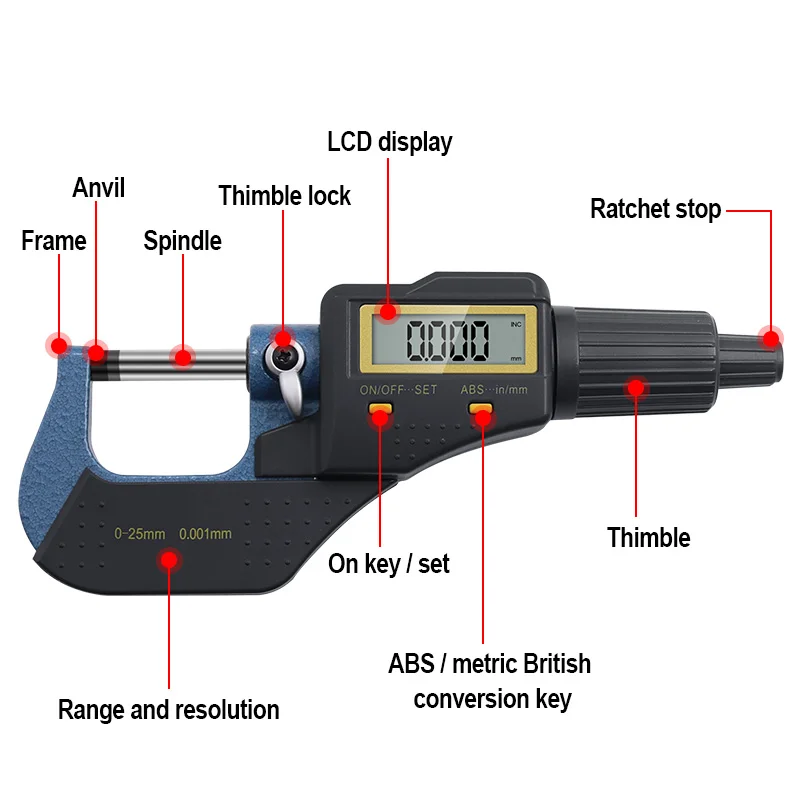 

0.001 Mm Outside Micrometer Digital 0-25 Mm with Extra Large LCD Screen Electronic Digital Caliper Gauge for Machinist