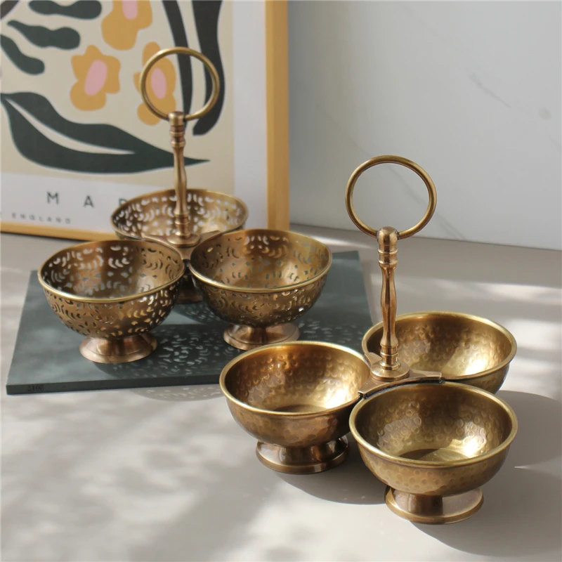 

Brass Dried Fruit Plate Triple Bowl Candy Snack Storage Plate Home Retro Nostalgic Hammer Pattern Handmade Brass Ornaments