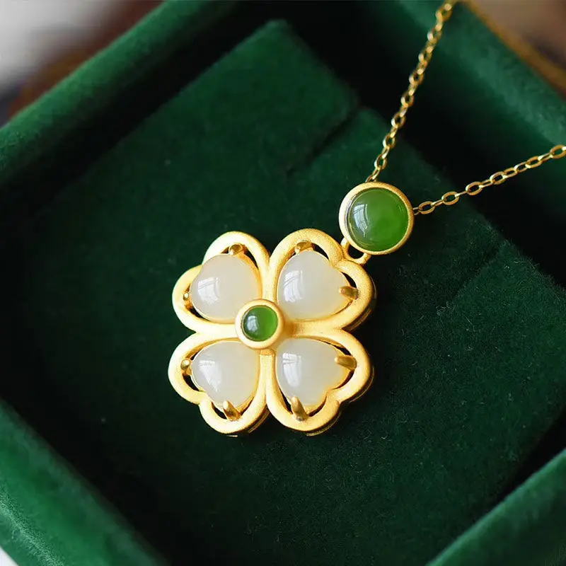 Natural Hetian Jade Pendant Ladies Necklace Chinese Court Style Unique Ancient Gold Craft Charm Various Exquisite Jewelry