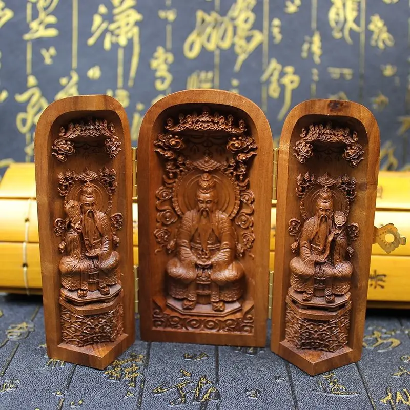 Vintage Boxwood Carved Sanqing Taoist Gods Taishang Laojun Shrine Three Door Box Traditional Mascot Home Desk Ornament Statue