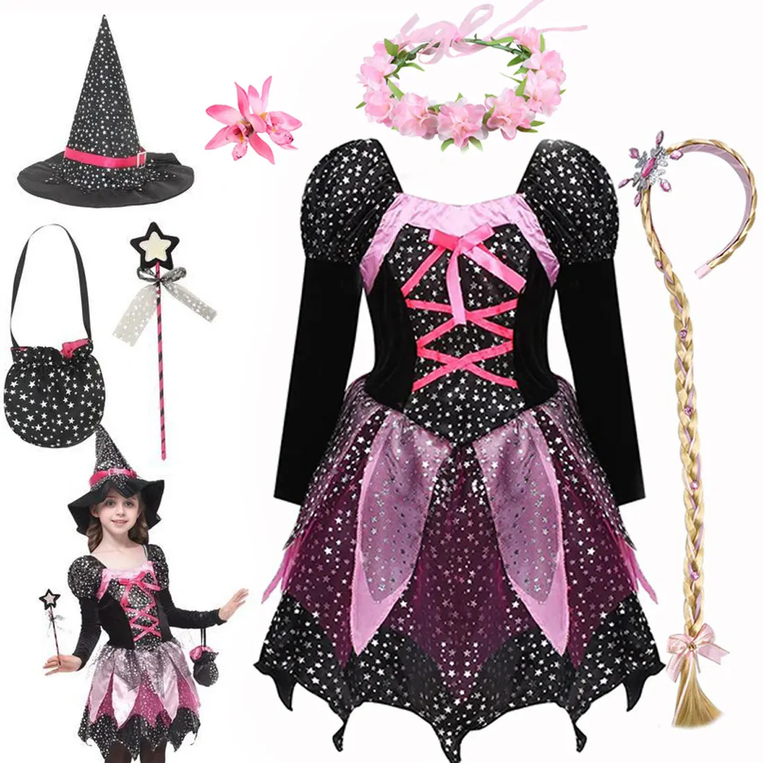 Halloween Apparel Horror Dress Witch Pink Costume With Hat and Wand Girl Festival Carnival Pageant Villain Wiard Cosplay Gown