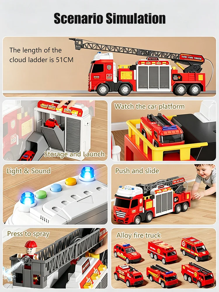 51 CM Children Fire Engine Simulation Water Spray with Light & Music 1：64 Diecasting Car Model Education Toy for 3 Years Gift