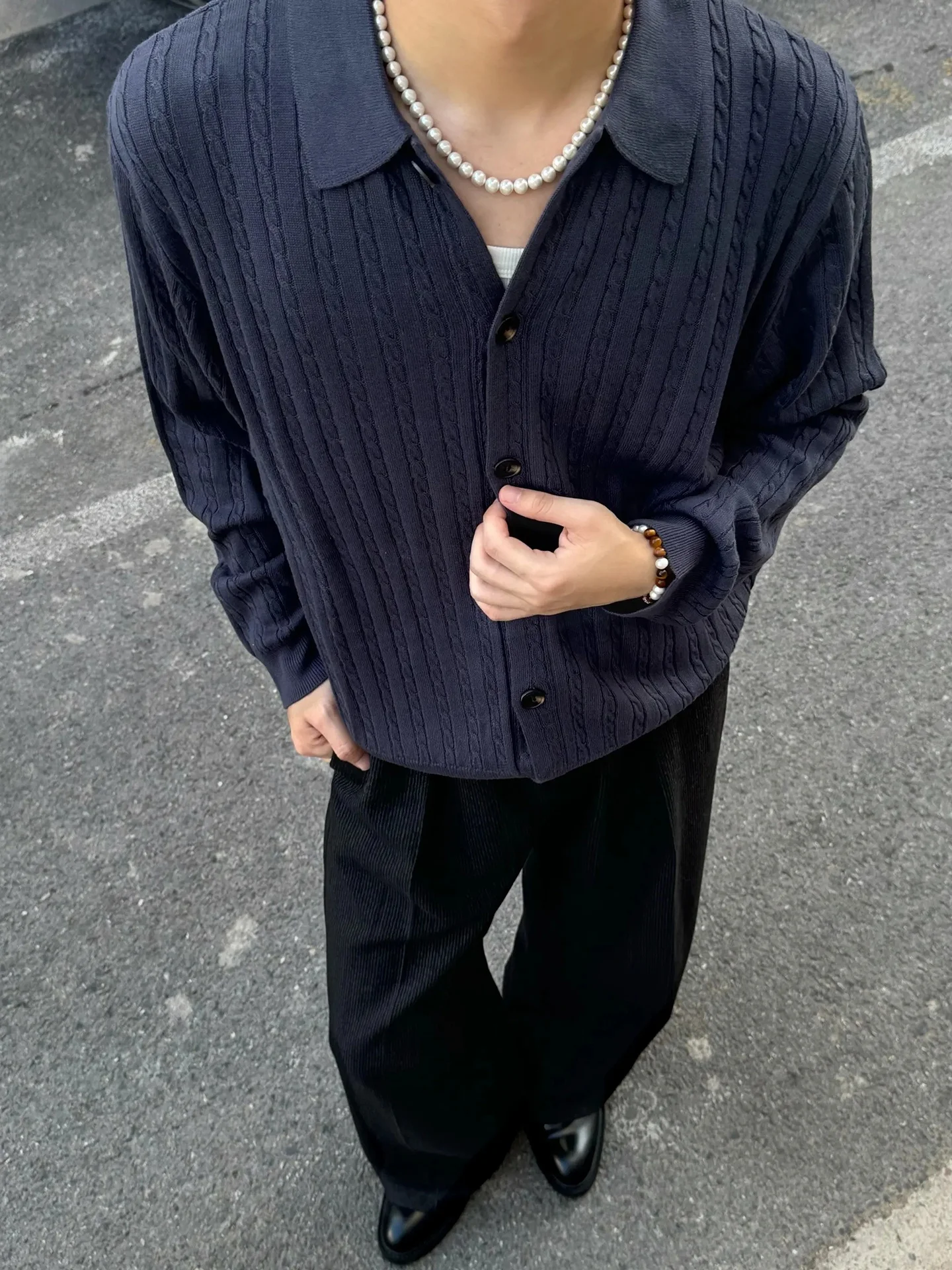 

Lavi O-Ne Button-Up Knitwear Men's Sle Casual Loose Fit Autumn Sweater Fine Stripes Lazy Sle Long Sve irt