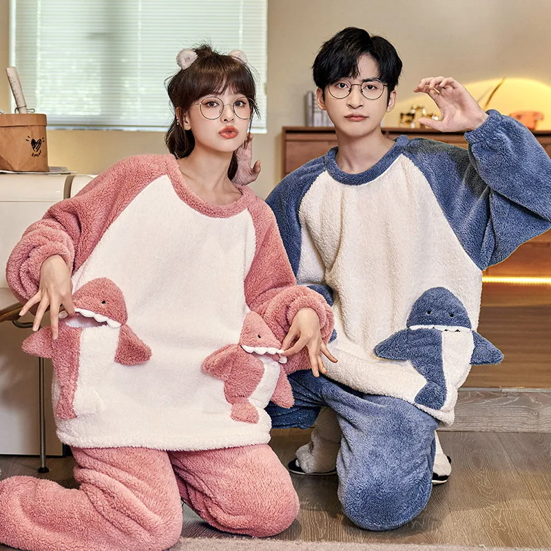 2022 Winter Long Sleeve Thick Warm Flannel Pajama Sets for Men Women Coral Velvet Cute Cartoon Sleepwear Suit Pyjamas Homewear