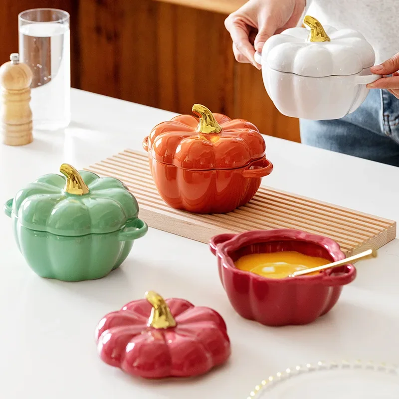 Pumpkin Stew Pot Ceramic Bowl with Cover Soup Bowl Steamed Egg Salad Bowl Baking Kitchen Children Tableware Bowl 450ml