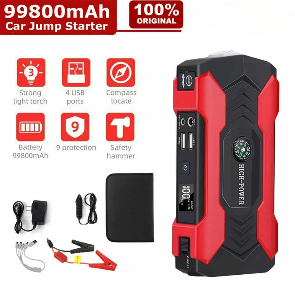 Starter de energia de emergência do carro portátil, carregamento rápido QC, isqueiro da bateria, 99800mAh, 12V, novo