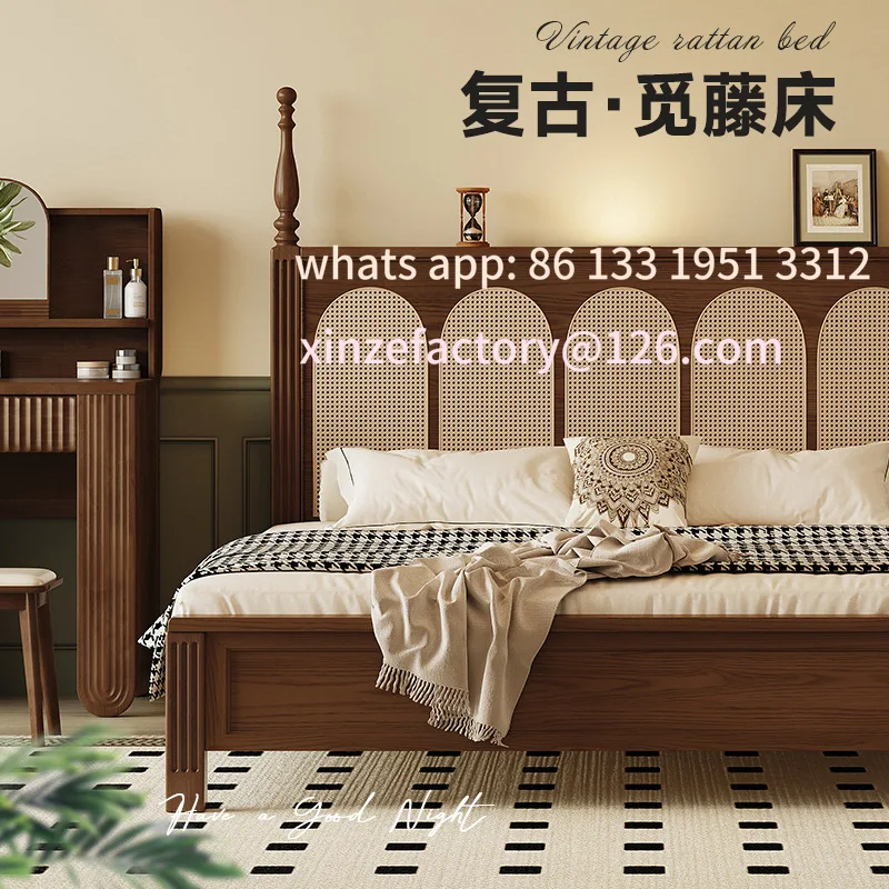 

Customizable walnut solid wood rattan bedroom household 1.5 solid wood bed rental room single bed