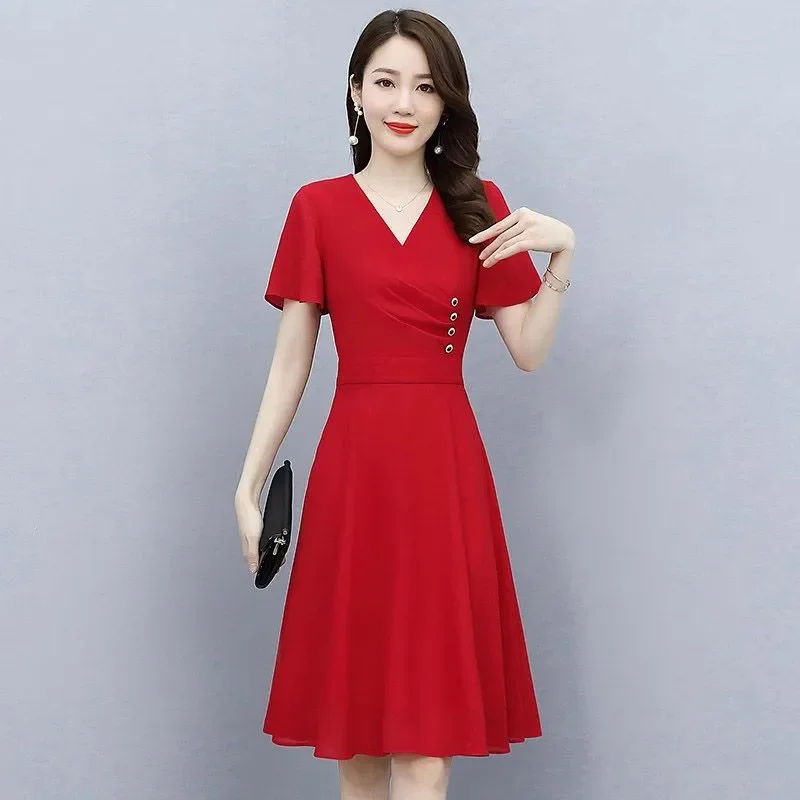 

Short-sleeved Red Chiffon Dress for Women Summer New Style Waist-cinching Skirt