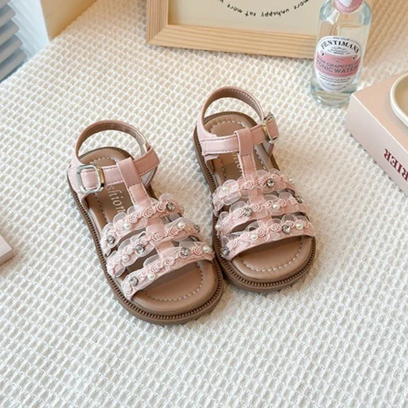 

2025 Children Casual Sandals for Girls Summer New Fashion Korean Style Soft Bottom Anti-slippery Princess Beading Beach Shoes