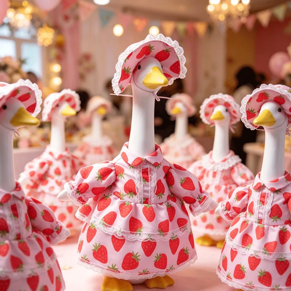 Strawberry Goose Outfit for 23 Inch Porch Goose, Cute Fruit Print Dress Hat Set, Outdoor Garden Lawn Decoration