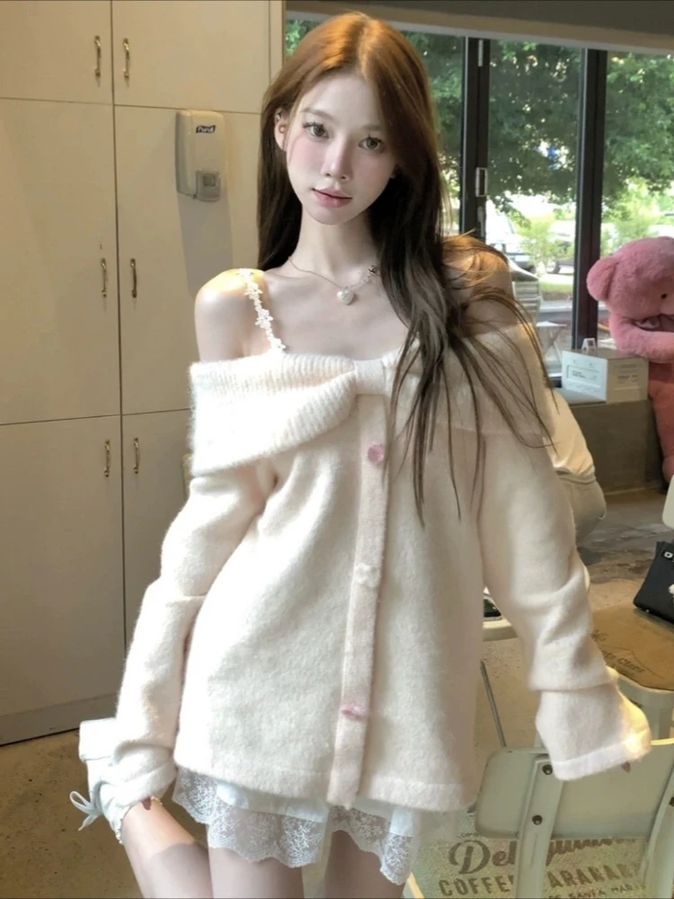 Cuteore Sweet Streetwear Knitted Cardigan Women Japanese Style Y2k Harajuku Solid Elegant Bow Sweater Soft Girl 2024