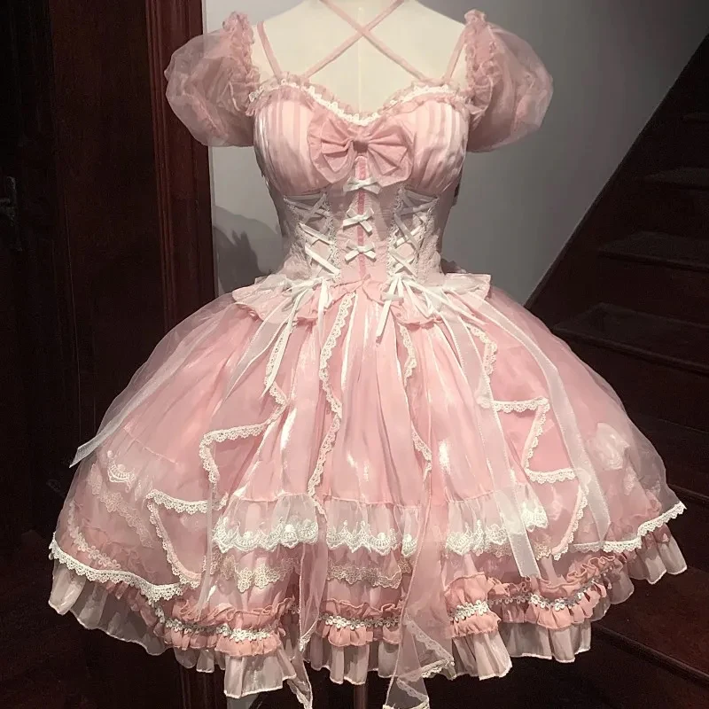 

Sweet Lolita Dress Lace Ruffle Bowknot Organza Pink Puffy Bubble Sleeves Princess Dress Cross dresser Sissy Cosplay Fairy Dress