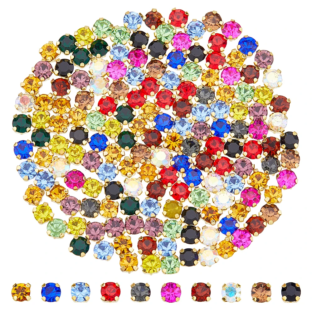 1300Pcs 4mm Gold Sew on Rhinestones Flat Round Gems Metal Flatback with Golden Claw Glass Crystals Gems for Clothes Earring Belt