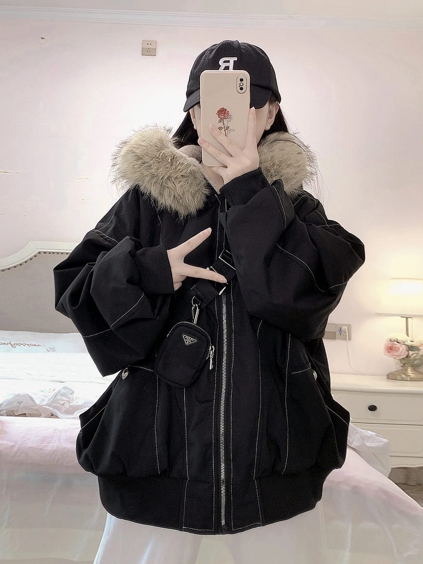 

Thiened Fce Women's Parka Coat Bla Mountain Eagle Design Winter Outerwear Jaet with Hood And kets Ox Fabric