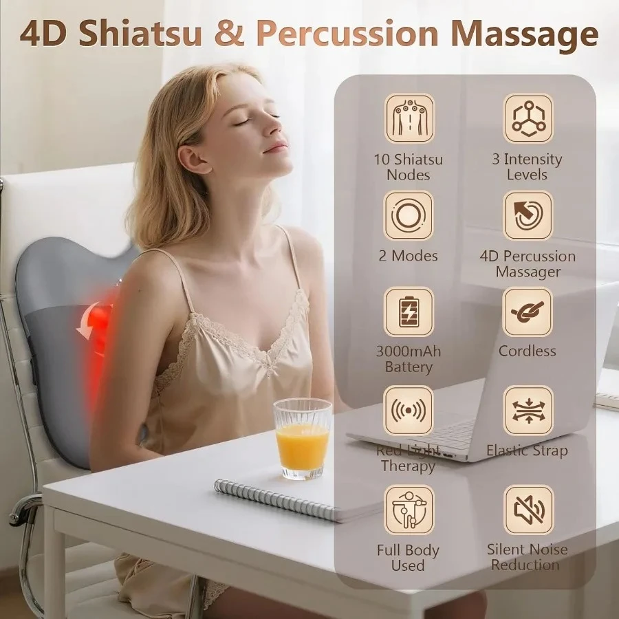 Back Massager with Heat Cordless Back Massage for Pain Relief Deep Tissue 4D Shiatsu and Percussion Massage Pillow