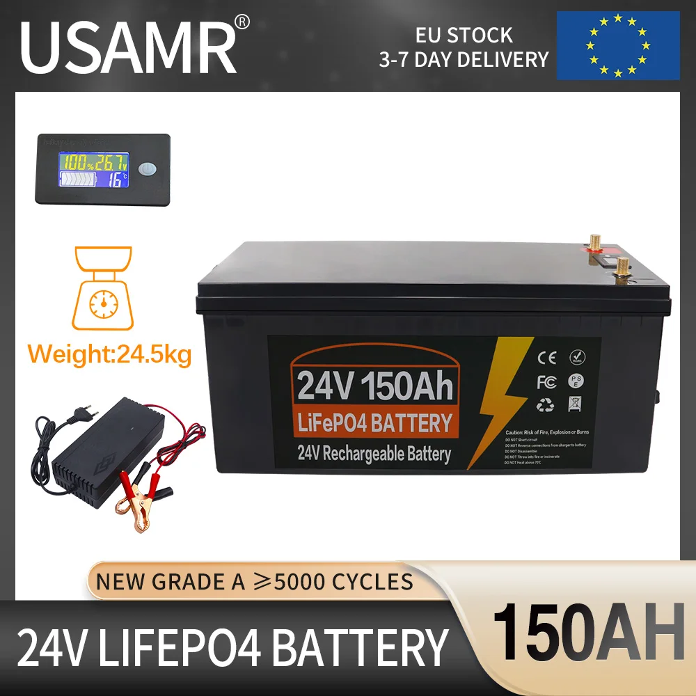 24V 150Ah 100Ah LiFePo4 Battery Built-in BMS Lithium Iron Phosphate Cells 5000+ Cycles For RV Campers Golf Cart Solar Tax Free