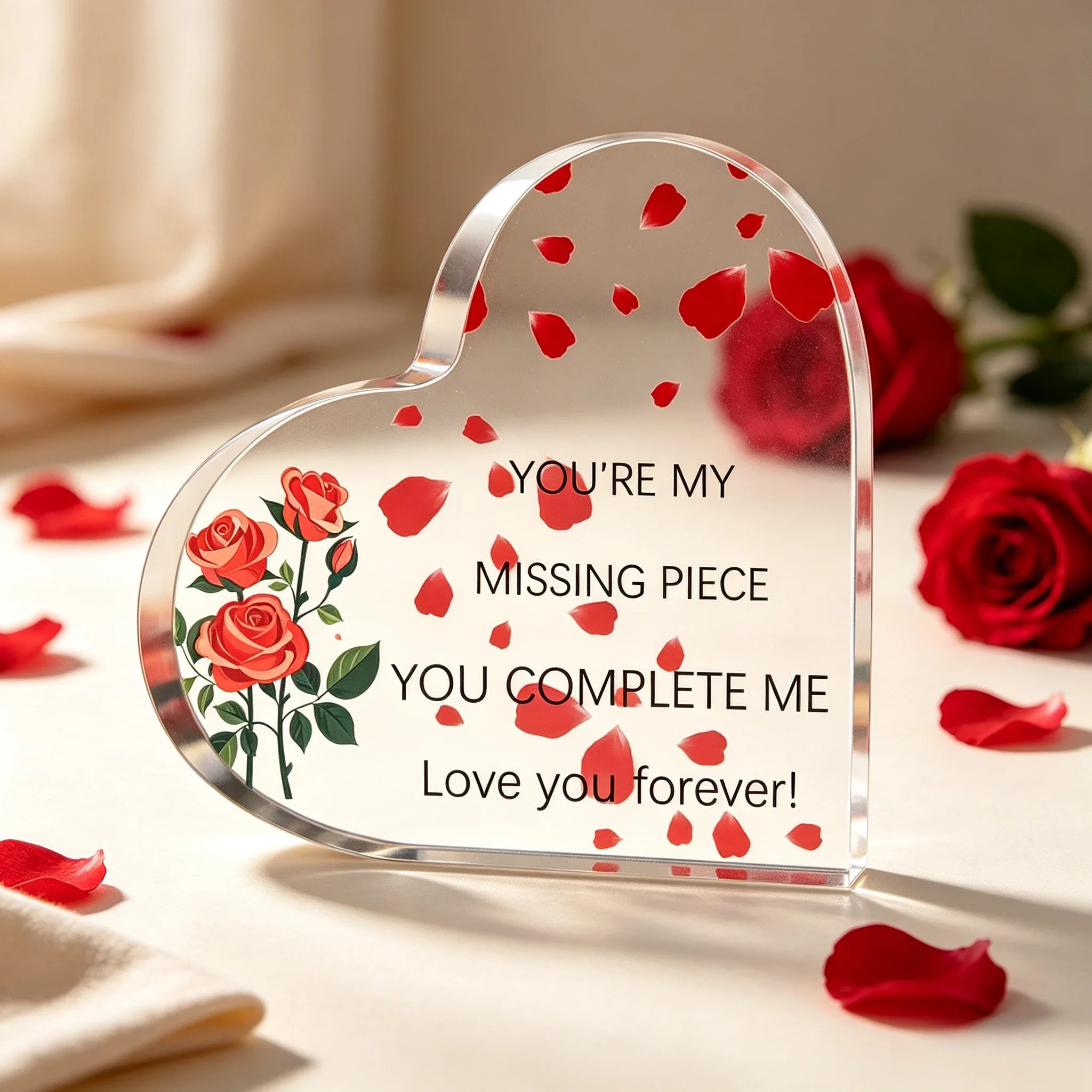Heart Acrylic Desk Plaque Romantic Gift, Red Rose Petal You Complete Me Tabletop Ornament